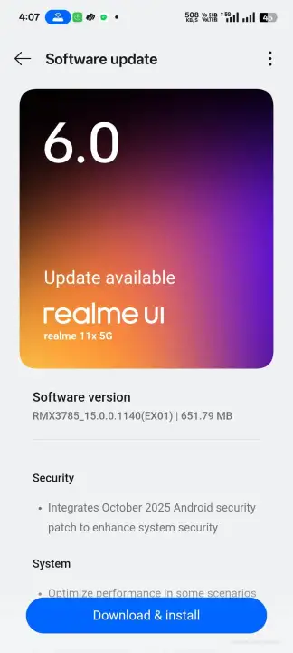 Realme 11x October update screenshot