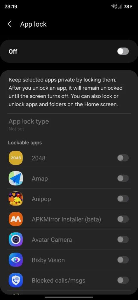 Samsung App lock feature