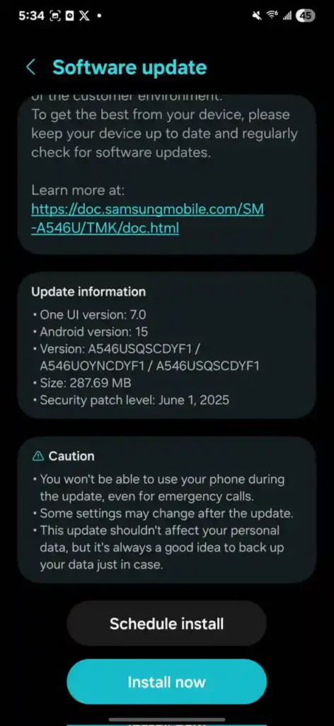 Galaxy A54 June 2025 Update US locked screenshot