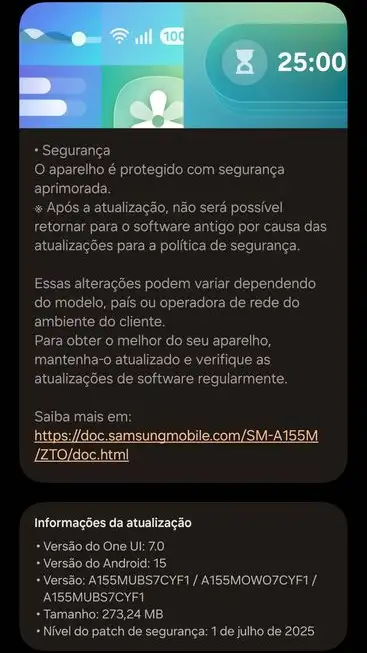 Galaxy A15 4G July 2025 update screenshot