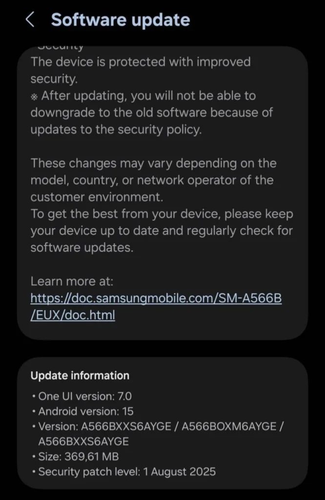 Galaxy A56 August update screenshot
