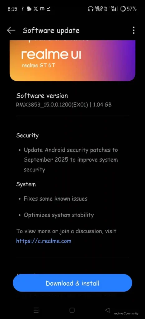 Realme GT 6T September update screenshot