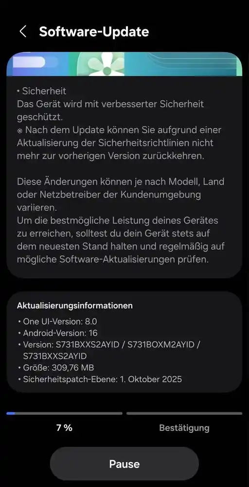 Galaxy S25 FE October Update screenshot