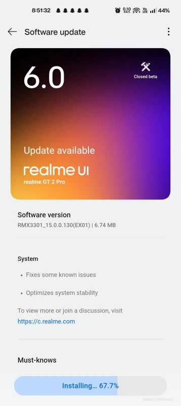 Realme GT2 Pro New update screenshot