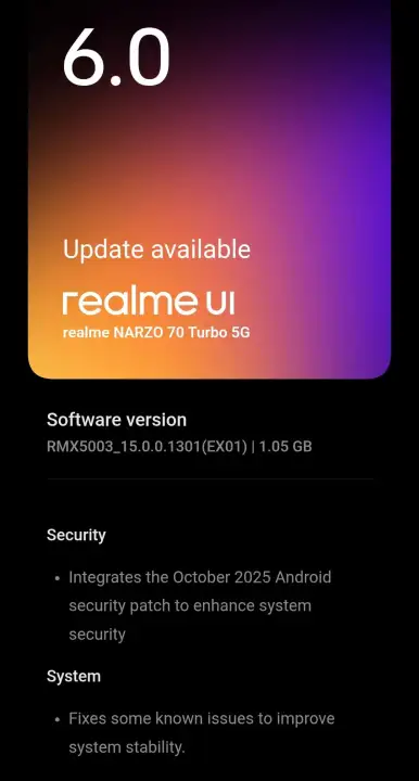 Realme Narzo 70 turbo October update screenshot
