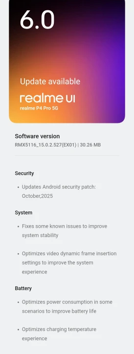 Realme P4 pro October update screenshot