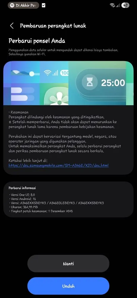 Galaxy A34 December update screenshot
