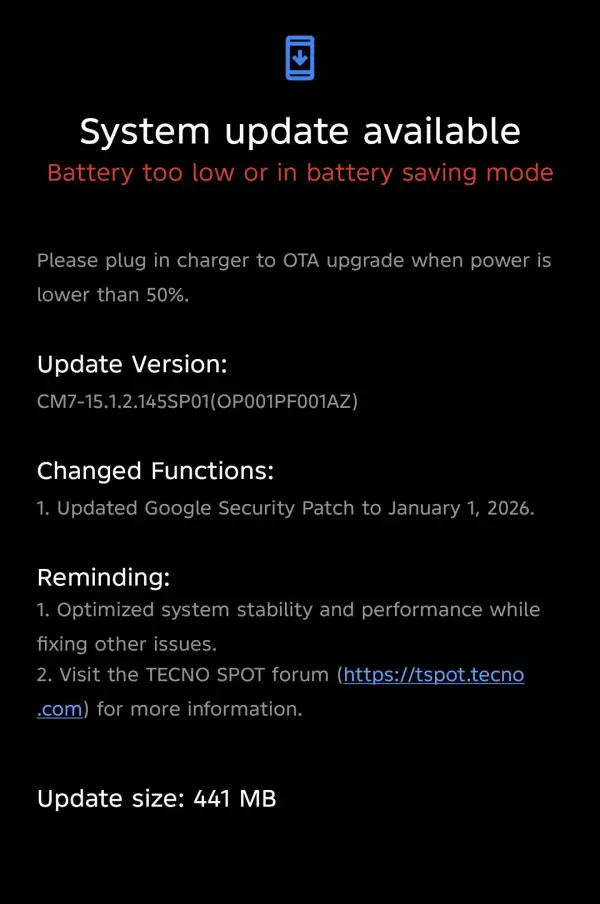 Tecno Camon 40 Pro 5G January 2026 update