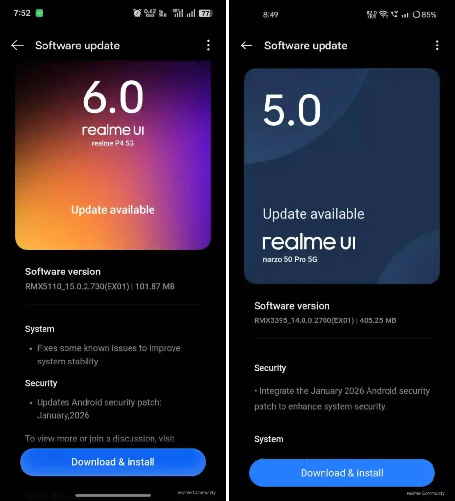 Realme P4 and Realme Narzo 50 Pro January 2026 update screenshots