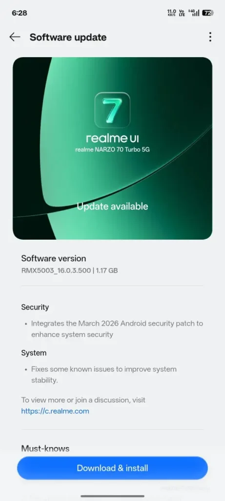 Realme narzo 70 turbo march 2026 update