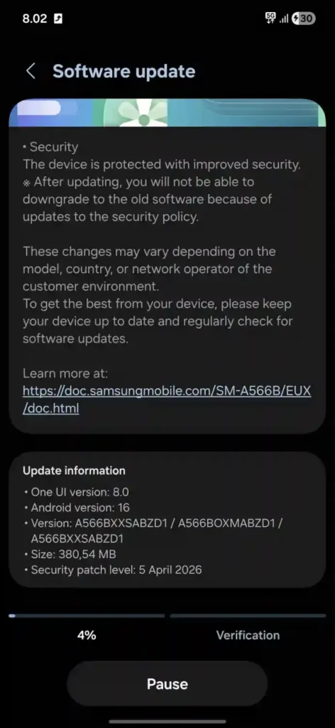 Galaxy A56 April 2026 update screenshot
