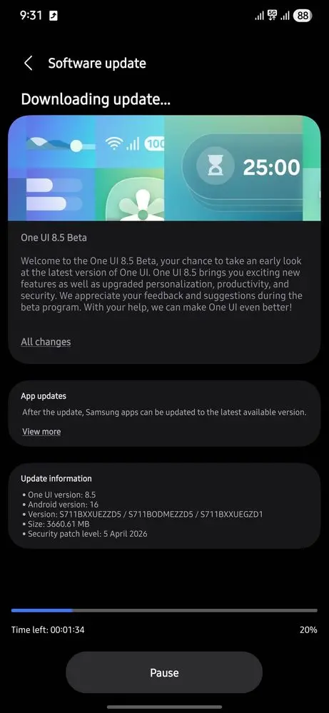 Galaxy S23 FE One UI 8.5 Beta update screenshot