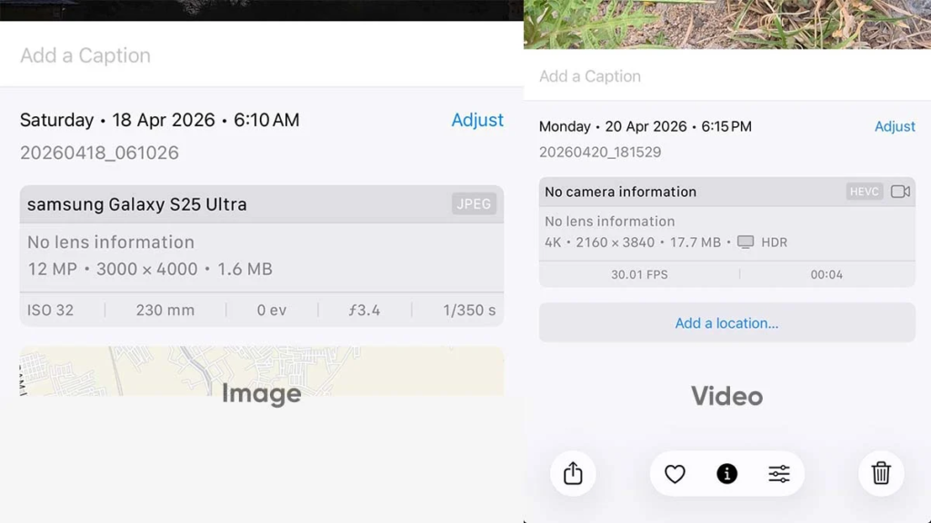 Screenshot of Meta data of image and Video description