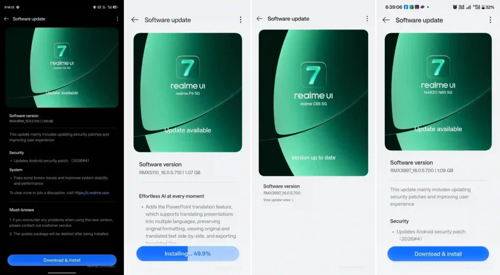 Realme April 2026 update screenshots
