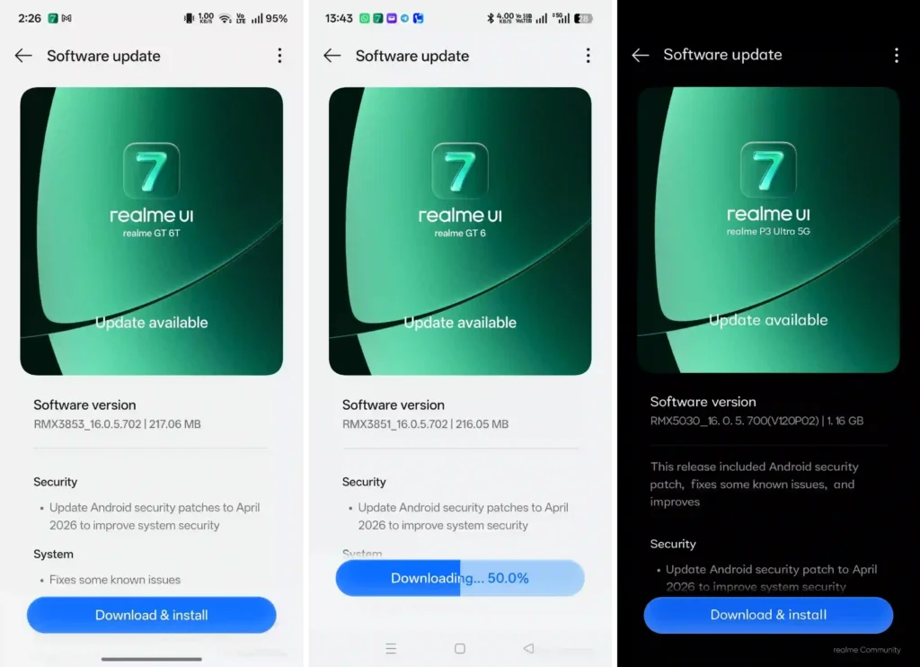 Realme April 2026 update screenshots