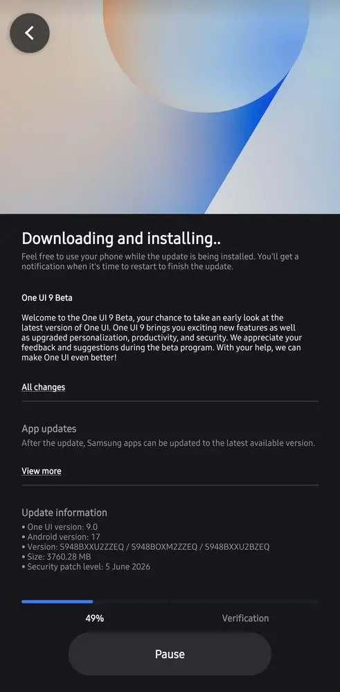 Galaxy S26 One UI 9 beta update screenshot